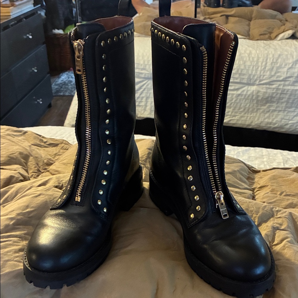 Coach Black Leather Studded Combat Boots - Picture 3 of 9